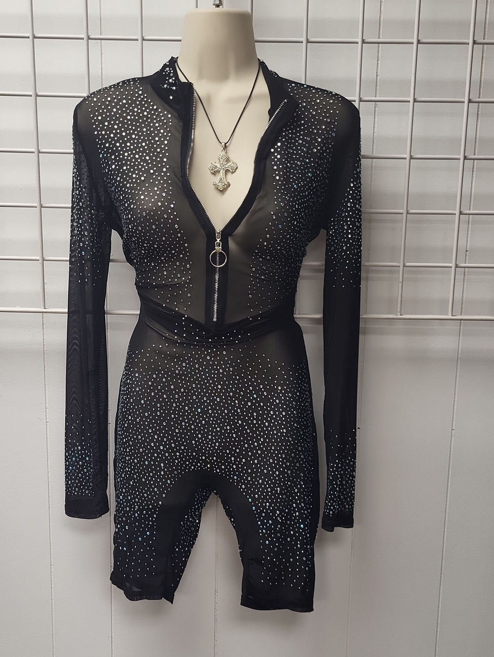 Black Mesh Rhinestone Zip-Front Shorts Jumpsuit, Small